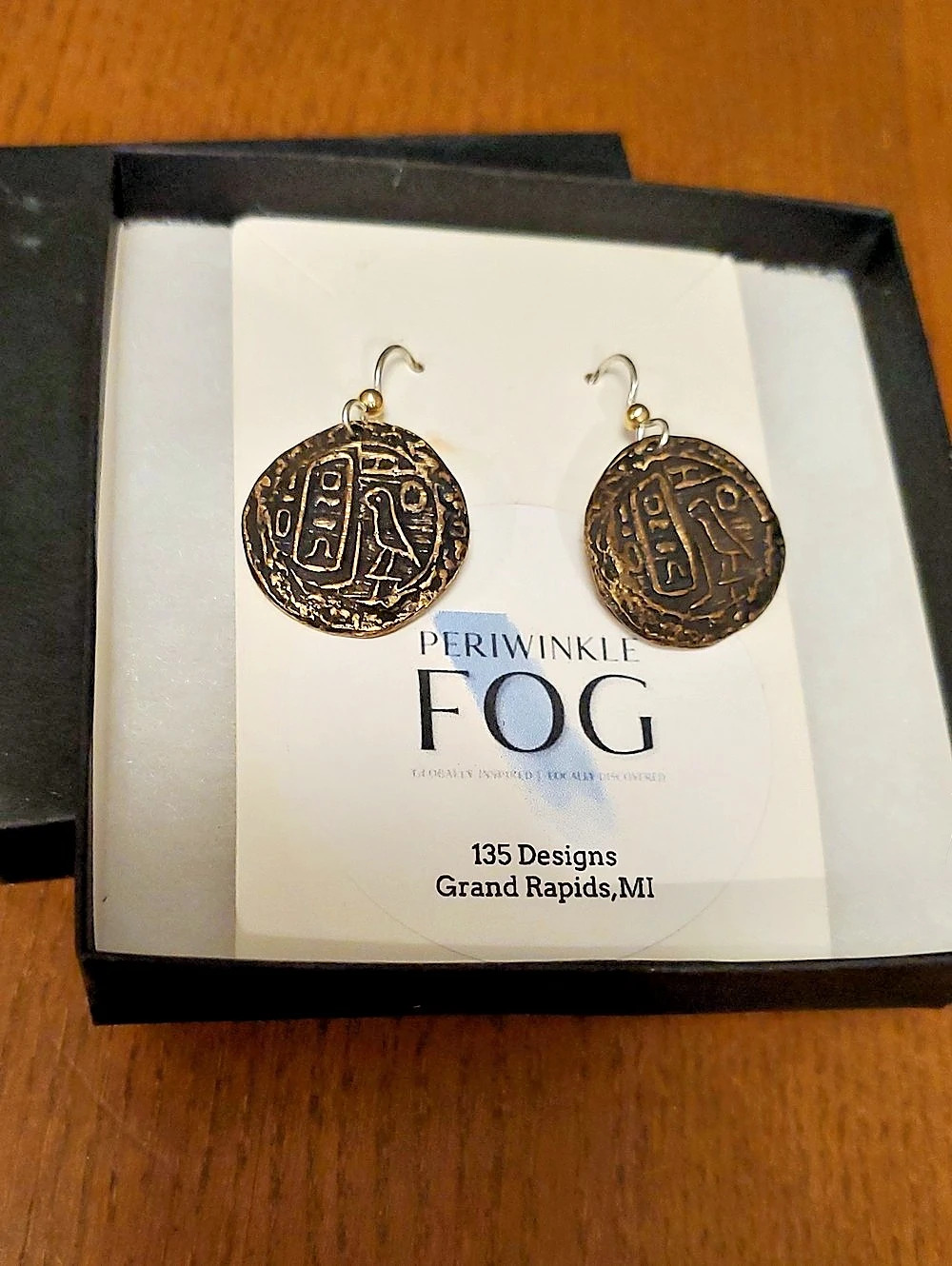 Periwinkle Fog Bronze Hieroglyphics Statement Earrings NWT